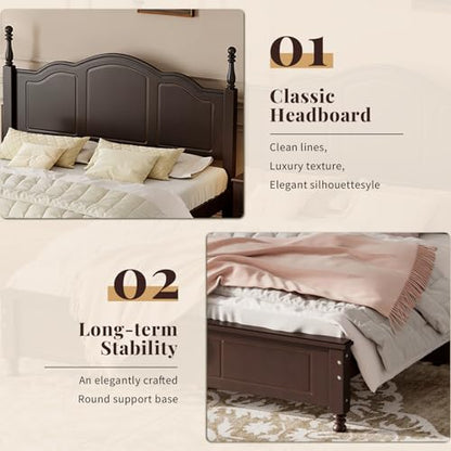 Dark Walnut Wood Bed Frame Queen Size with Wave Shaped Headboard, view 4