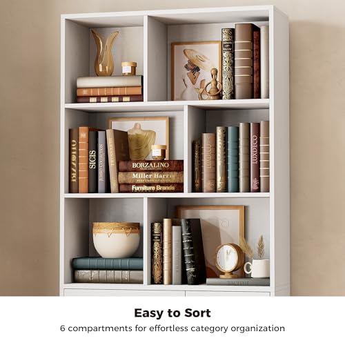 70.9-Inch Bookcase with Doors and 3 Drawers, White, view 6
