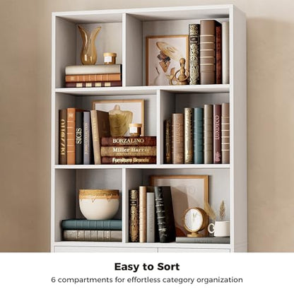 70.9-Inch Bookcase with Doors and 3 Drawers, White, view 6