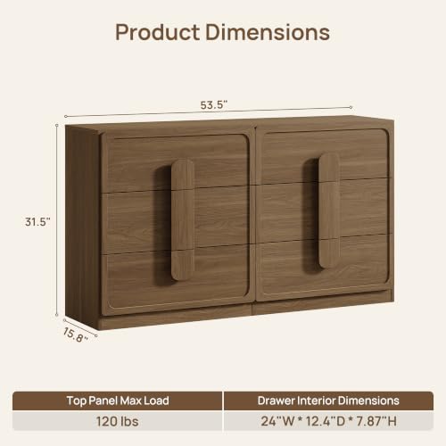 6 Drawer Dresser for Bedroom, 53.5" Wide Modern Chest of Drawers, view 3