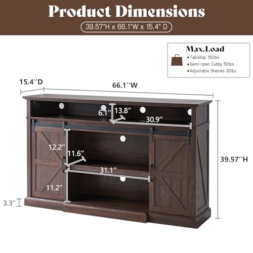 66" Farmhouse TV Stand for 75" TVs with Adjustable Shelves, Brown, view 3