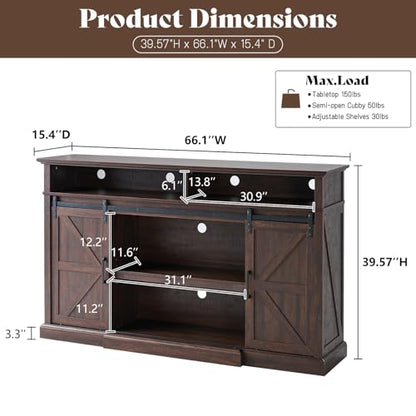 66" Farmhouse TV Stand for 75" TVs with Adjustable Shelves, Brown, view 3