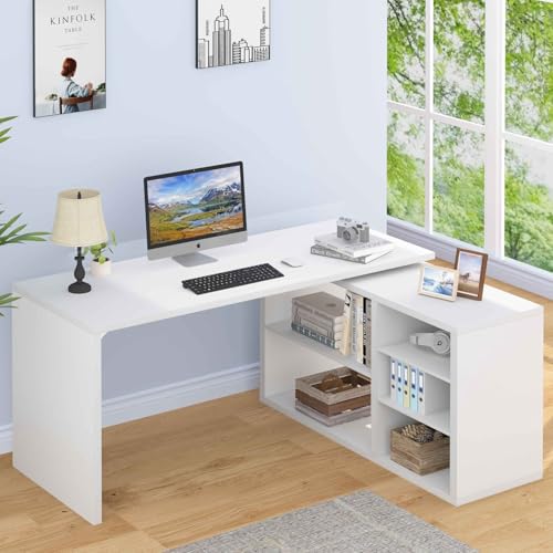 White L Shaped Desk with Shelf, Reversible Modern Home Office Desk Workstation, L Shape Computer Desk with Storage Cabinet Drawer, Industrial Wood Corner Table for Work Study Writing Gaming, 55 In