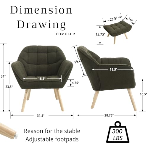 Green Sherpa Accent Chair with Ottoman ，Modern Reading Chairs with Ottoman Set, Comfy Fuzzy Armchair Living Room Chair Lounge Chair with Wood Legs for Small Spaces Bedroom Apartment