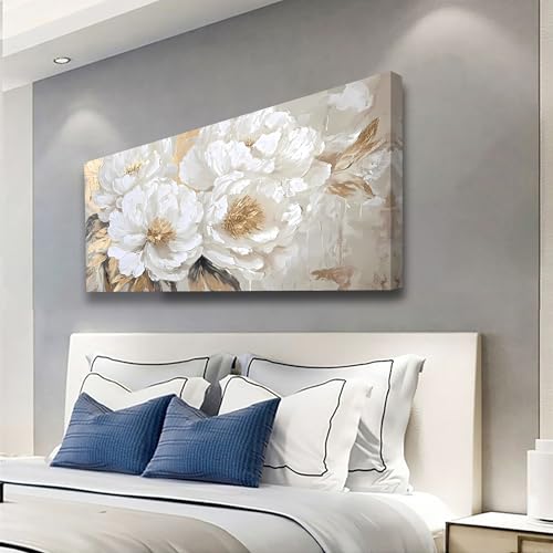 Platinum Peony Picture Print Canvas Wall Art Living Room Office Bedroom Wall Decor Floral Wall Art Prints Modern Gold White Landscape Artwork Waterproof Ready to Hang - 20x40 inches