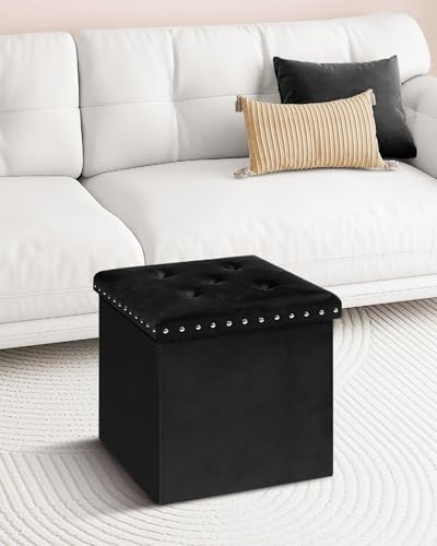 Storage-Ottoman Cube-Folding Tufted - Ottomans with Storage, Coffee Table Top Cover, Storage Boxes Footrest Stool for Bedroom, Luxury Velvet Fabric 15.7 Inches Black
