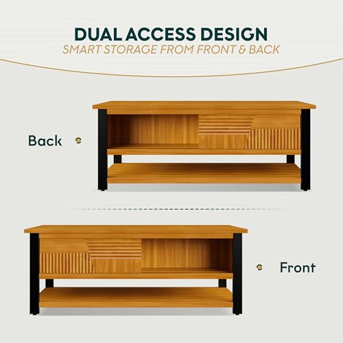 Trapeze Coffee Table for Living Room – Modern Wooden Center Table with Storage, Metal Legs, Large Teak Brown Coffee Table for Stylish Living Room Furniture Setup