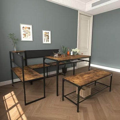 3-Piece Corner Dining Table Set for 4-6, Industrial Kitchen Table and Chair Sets with Storage & Bench, Farmhouse Rectangle Tables & L-shaped Seat for Living Room Breakfast Nook Restaurant, Brown