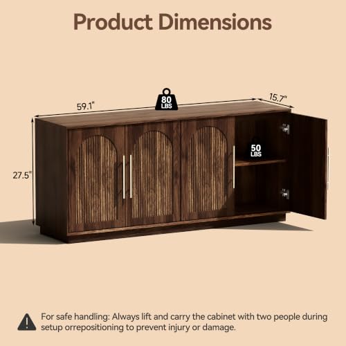 Modern Buffet Cabinet with Storage, 59.1”Sideboard Cabinet, Walnut, view 3