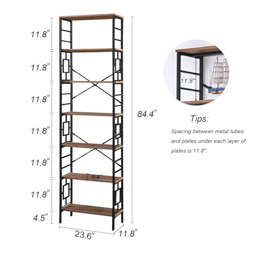 Tall Bookshelf, 84 Inch Industrial Bookshelf with Metal Frame and Open Shelves, 7 Tier Metal Bookshelves and Bookcases, Rustic Tall Book Shelf for Office, Living Room and Bedroom, Brown
