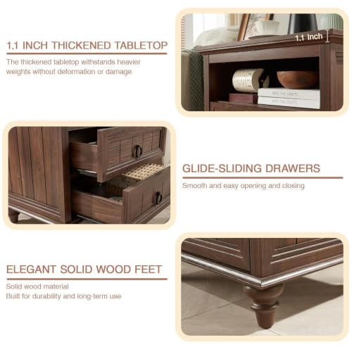 Farmhouse Nightstand with Charging Station, 22" Large End Table with 2 Drawers & Open Shelf, Rustic Wood Square Sofa Side Bedside Table w/4 Solid Wood Feet for Living Room, Bedroom,Walnut