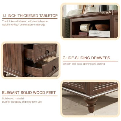 Farmhouse Nightstand with Charging Station, 22" Large End Table with 2 Drawers & Open Shelf, Rustic Wood Square Sofa Side Bedside Table w/4 Solid Wood Feet for Living Room, Bedroom,Walnut