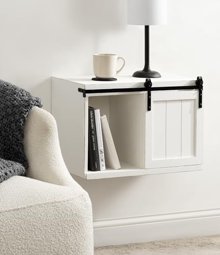 Cates Decorative Wood Floating Side Table with Sliding Barn Door; 20 x 12 x 15; Rustic White; Farmhouse Wooden Floating Wall Cabinet for Versatile Home Storage