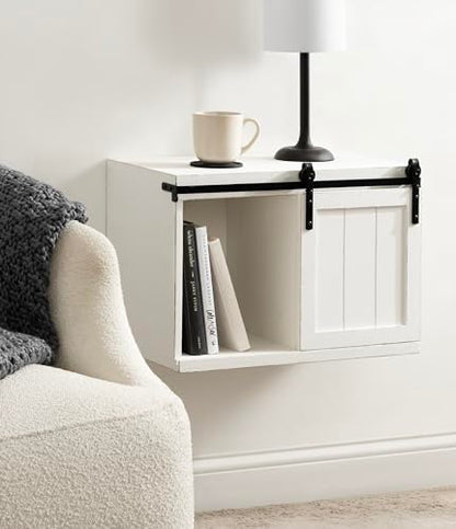 Cates Decorative Wood Floating Side Table with Sliding Barn Door; 20 x 12 x 15; Rustic White; Farmhouse Wooden Floating Wall Cabinet for Versatile Home Storage