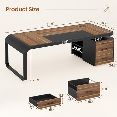 70.9" Executive Desk, Large Computer Desk with Drawers and Lateral File Cabinet, Office Desk with Removable Shelves, Business Furniture Desk Workstation for Home Office, Walnut