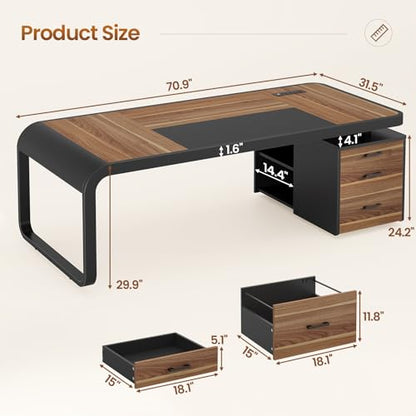 70.9" Executive Desk, Large Computer Desk with Drawers and Lateral File Cabinet, Office Desk with Removable Shelves, Business Furniture Desk Workstation for Home Office, Walnut