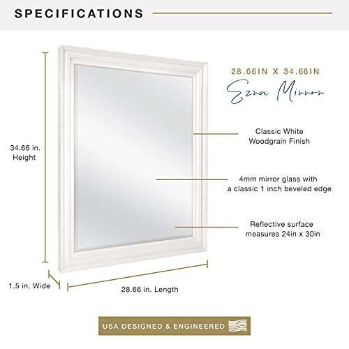 Ezra 28.66x34.66 Large Wall Mirror, White Woodgrain & Beveled Mirror, Vertical & Horizontal Wall Hanging Mirror for Bathroom, Bedroom & Livingroom