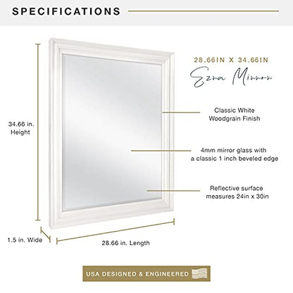 Ezra 28.66x34.66 Large Wall Mirror, White Woodgrain & Beveled Mirror, Vertical & Horizontal Wall Hanging Mirror for Bathroom, Bedroom & Livingroom