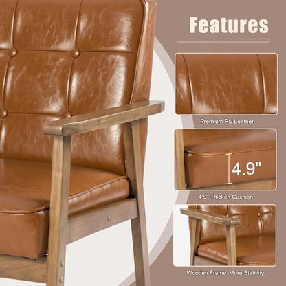 Accent Chairs Set of 2 with Side Table, Mid Century Modern Accent Chair, Retro Wood and Leather Armchairs Side Chair, Lounge Reading Comfy Armchair for Living Room, Bedroom, Office（Brown