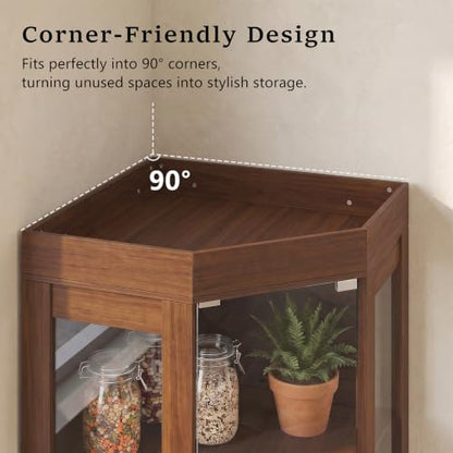 70''H Tall Corner Cabinet with Glass Doors, Walnut, view 6