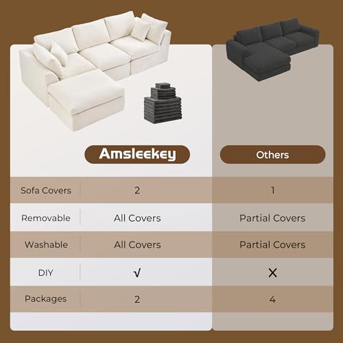 108" Cloud Sectional Couch with 2 Washable Cover Sets | Convertible L Shaped Modular Sofa with Ottoman, 3 Seater Deep Seat Couch for Living Room, White with Extra Gray Covers