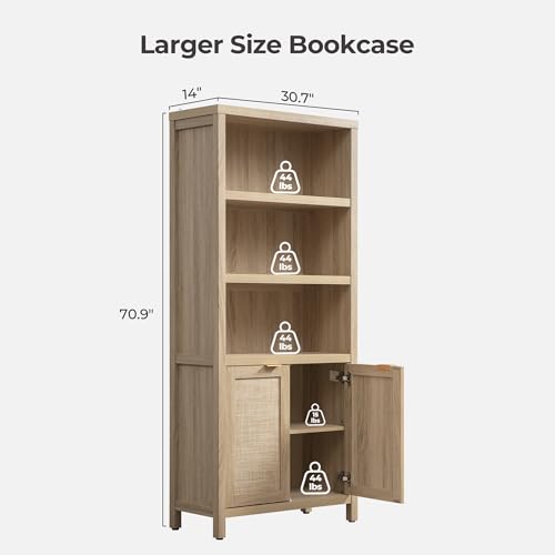 Bookcase 71" Tall Bookshelf 5 Tier Rattan Boho Bookcase with Doors Storage Large Book Case Shelf Farmhouse Bookshelves Library Book Shelves for Living Room Bedroom Home Office Kitchen