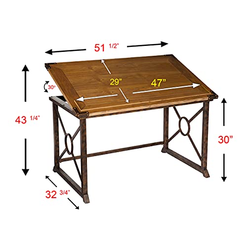 Knightley Tilt Top Drafting Table - 51.5 inch Wide - Oak Wood Finish w/ Antique Brass, Brown