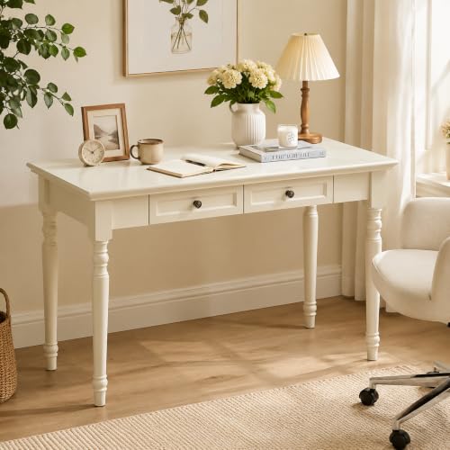47 Inch Solid Wood Computer Writing Desk with Drawers, White, view 2