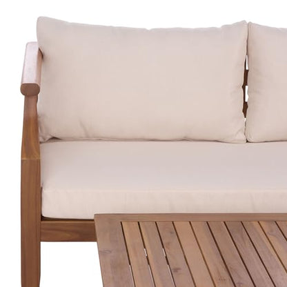 SAFAVIEH Outdoor Patio Furniture Collection - Alta Teak & Cream Solid Wood Bench with Cushions and Slatted Coffee Table, 2-Piece Set (PAT6812A)