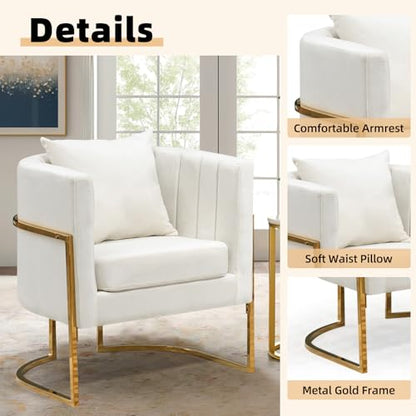 Velvet Accent Chairs Set of 2, Mid Century Modern Upholstered Barrel Armchair with Pillow for Living Room, Comfy Single Club Chair with Metal Gold Legs for Bedroom, White