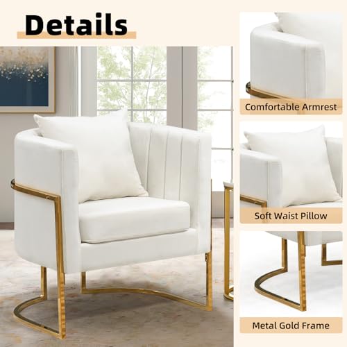 Velvet Modern Accent Chair, Upholstered Barrel Armchair Mid Century with Pillow for Living Room, Comfy Single Vanity Chair with Metal Gold Legs for Bedroom, White