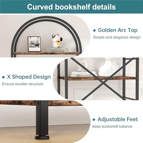 Bookshelf, Arched Bookshelf 5 Tier Bookcase, Tall Shelf for CDs/Books, Home Office Shelf Storage Organizer, Modern Book Shelf for Bedroom/Living Room, Rustic Brown