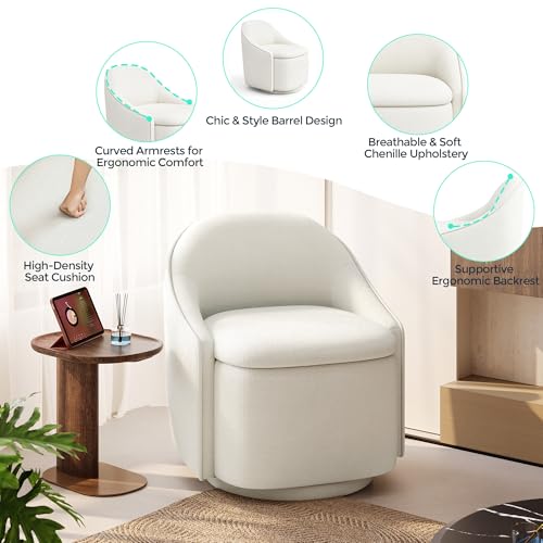 Swivel Accent Chair with Storage Comfy Chenille Barrel Chairs, Small 360 Swivel Modern Armchair for Living Room Bedroom, Boucle Reading Chair for Study Room (Beige)