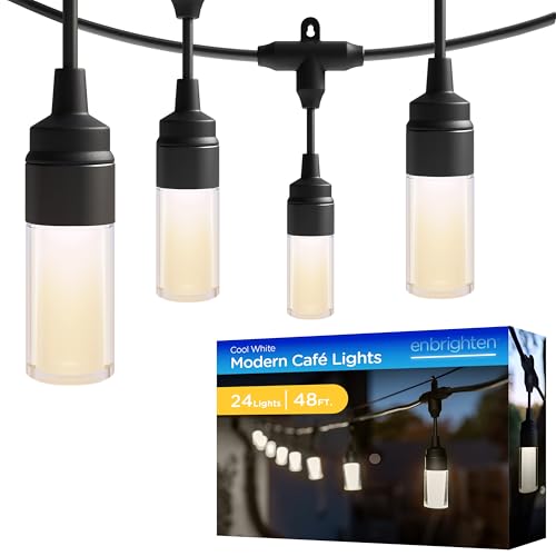 Modern Outdoor String Lights, 48ft, 24 Cylindrical Shatterproof Bulbs, Cool White 4000K, Weatherproof, Commercial Grade Patio Lighting, 87751