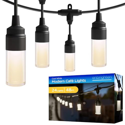 Modern Outdoor String Lights, 48ft, 24 Cylindrical Shatterproof Bulbs, Cool White 4000K, Weatherproof, Commercial Grade Patio Lighting, 87751