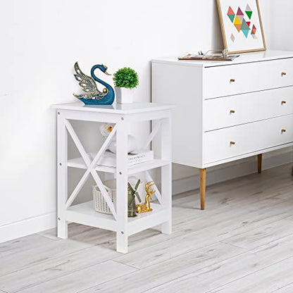 End Table, Sofa Side End Storage Shelf, Versatile X-Design Wooden Side Table, Living Room, Bedroom, Office Furniture, White