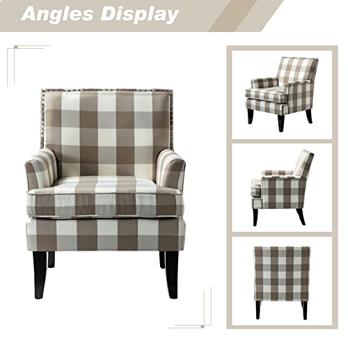 Modern Accent Chair with Arms and Wooden Legs, Mid Century Accent Chair Armchair High Back Rest, Padded Armrest and Comfortable Cushioned Seat for Living Room (Buffalo Beige)