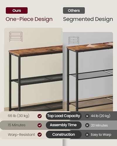 VASAGLE 31.5" Console Table, Narrow Behind Couch Table, 3 Tier | BARNET Collection, One Piece Top, Steel Frame, for Entryway, Living Room, Modern, Rustic Brown and Ink Black ULNT037KD01S