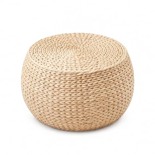 Small Straw Round Pouf Ottoman, Natural Mini Solid Wood Footrest, Boho Low Tatami Footstool for Living Room Bedroom Patio, 12.2"×12.2"×8.7", Ideal for Foot Rest