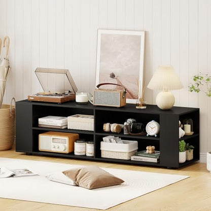 Wood TV Stand for TVs up to 65 Inch Flat Screen, Modern Entertainment Center with 8 Open Shelves, Universal TV Storage Cabinet for Living Room Bedroom, TV Console Table (Pure-Black)