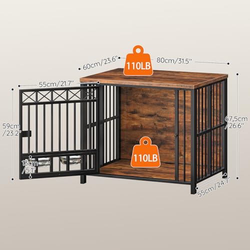 Foldable Dog Crate Furniture with 360° Rotating Double Bowls, view 3