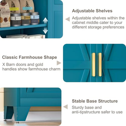 71H Tall Metal Storage Cabinet with 2 Doors and 5 Shelves, Farmhouse Storage Cabinet with Barn Doors, Pantry Storage for Home, Office, Bathroom, Dining Room, Kitchen (Blue)