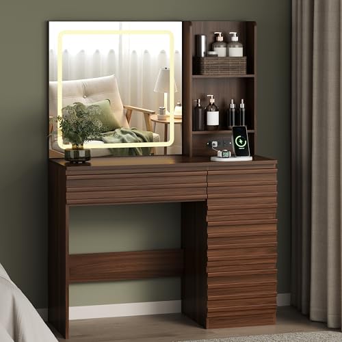 Makeup Vanity Desk with Lights, Fluted Vanity with 4 Drawers, Open Shelves, view 8