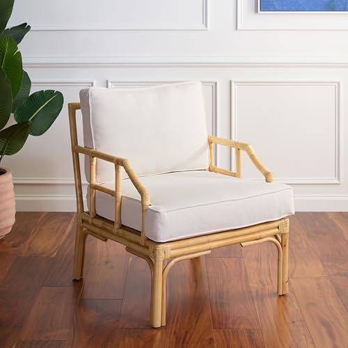 SAFAVIEH Furniture - Kazumi Accent Chair - Coastal Design White Cushion & Natural Rattan - Fully Assembled - Ideal for Living Room, Bedroom, Dining Space, 19.7" Seat Height (ACH6508B)