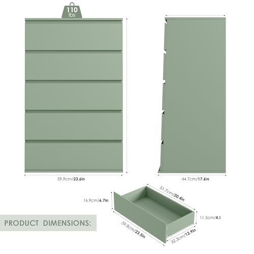 5 Drawer Dresser Tall Dresser with Large Storage Space, Modern Chest of Drawers, 23.6L x 17.6W x 39.1H Inch Storage Organizer Cabinet for Home, Green