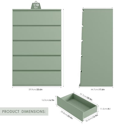 5 Drawer Dresser Tall Dresser with Large Storage Space, Modern Chest of Drawers, 23.6L x 17.6W x 39.1H Inch Storage Organizer Cabinet for Home, Green