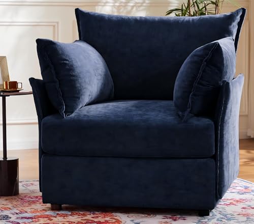 Blue Oversized Accent Chair with Removable & Washable Chenille Cover, Modern Mid-Century Upholstered Armchair, Deep Seat Comfy Reading Chair for Living Room, Pet & Kid Friendly