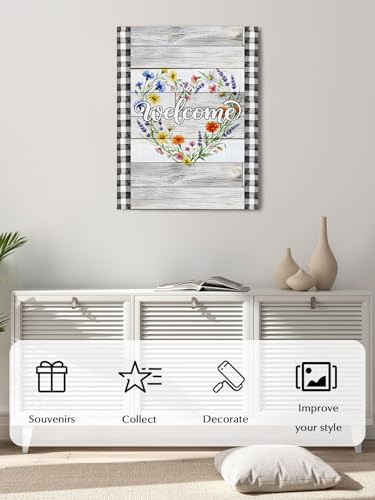 NuYeBiofx Summer Flower Heart Wreath Canvas Wall Art Prints,40"x28" Framed Picture Artwork Country Wood Plank Buffalo Plaid Printed Canvas Oil Painting for Living Room Bedroom Office,Ready to Hang