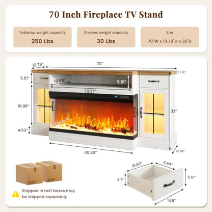 70" Fireplace TV Stand for TVs Up to 80" & Adjustable Shelves, White, view 3