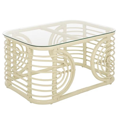 SAFAVIEH Furniture - Lidiya Coffee Table - White Rattan with Glass Top - Boho Coastal Living Room Accent Table, Fully Assembled, 30.7" W x 22.8" D x 15.9" H (COF9900A)